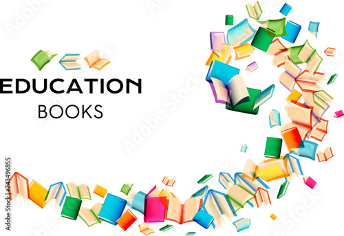 Books collection. Decoration swirl from flying different colorful paper books.