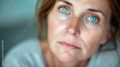 Closeup portrait of a middleaged woman her face drawn and her eyes lacking their usual sparkle. The stress of balancing family and career has taken its toll, Close Up of female With Blue Eyes photo