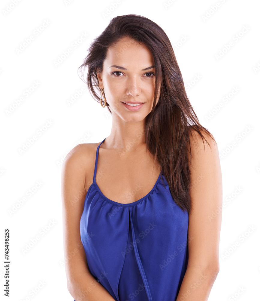 Fashion, happy and portrait of confident woman with style isolated on white background. Casual, smile on face and trendy clothes for female model, modern and top silk wear on studio backdrop