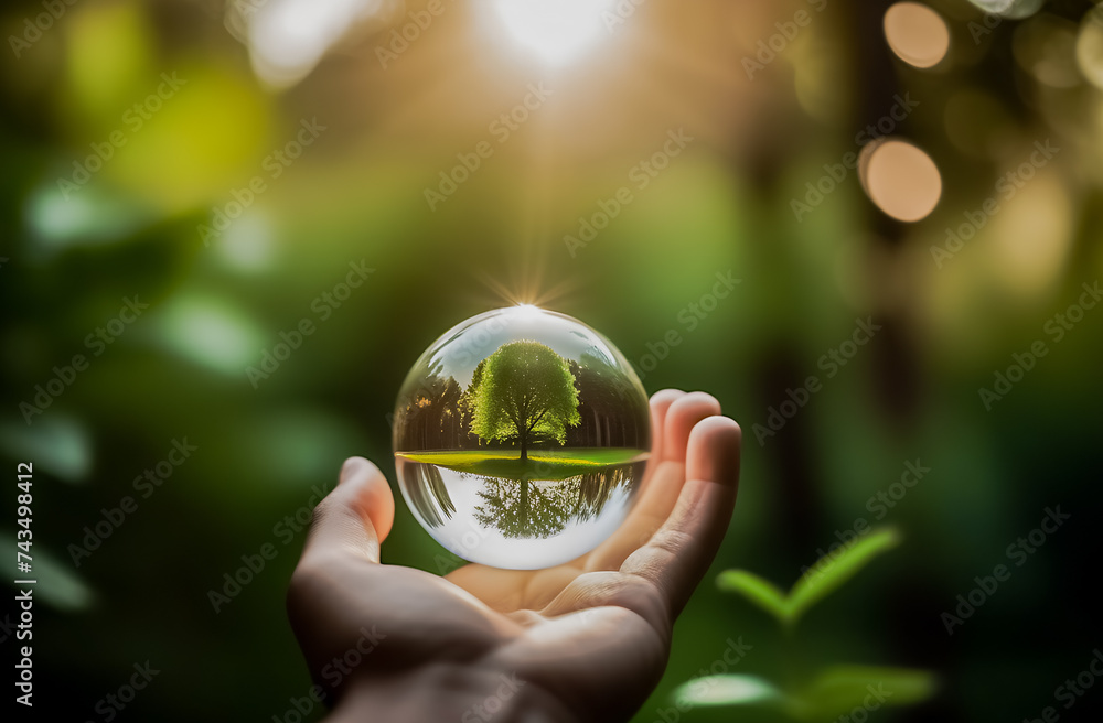 the concept of World Environment Day. A glass ball with an environmentally friendly environment in human hands. Save the green planet, the green cities of the future. the concept of World Environment Day. A glass ball with an environmentally friendly environment in human hands. Save the green planet, the green cities of the future.