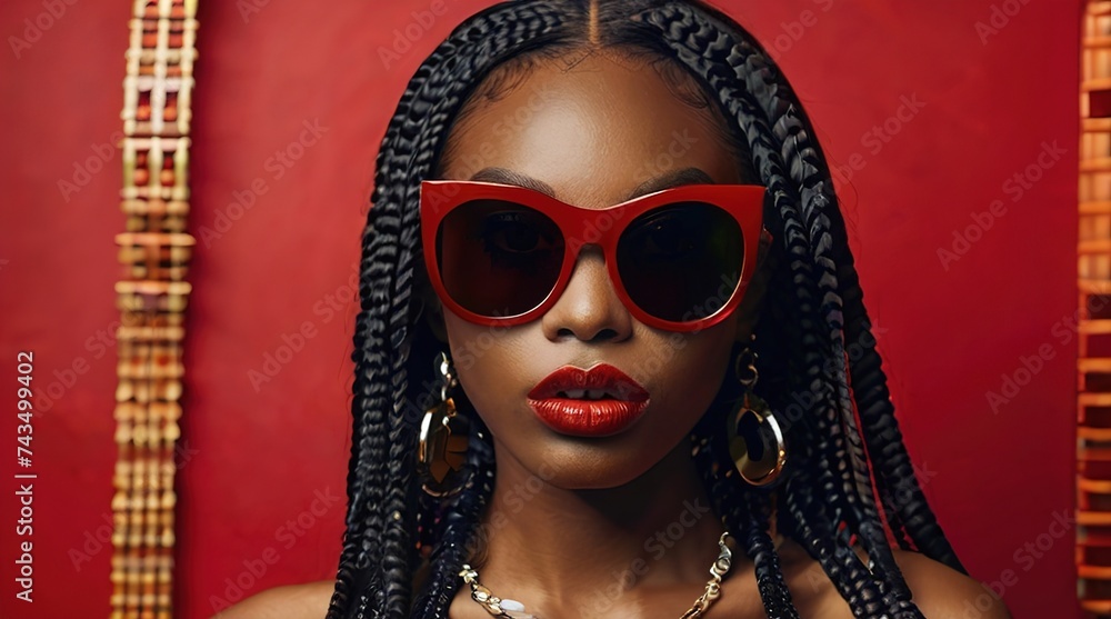 High fashion studio portrait of young african american woman with red sunglasses, beautiful makeup, luxury style. Generative AI - obrazy, fototapety, plakaty 