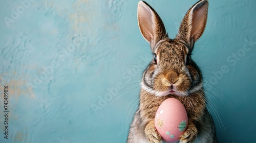 Bunny holding easter egg on pastel blue background © INK ART BACKGROUND