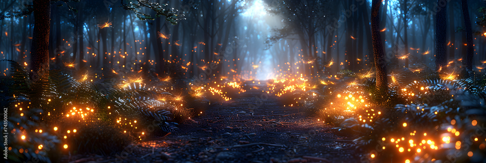 fire in the water 3d image,
A forest of trees with glowing bioluminescent