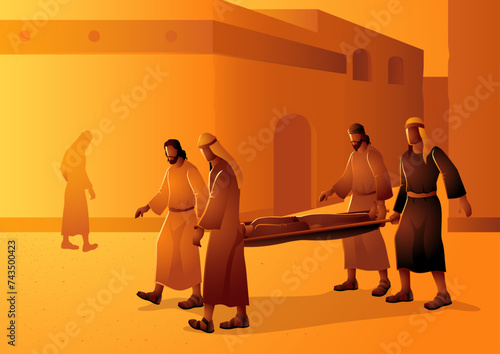 Biblical vector illustration series, biblical scene of four friends carrying a paralyzed man to Jesus