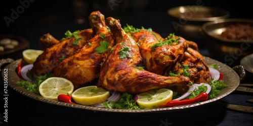Lahori Chargha is a popular Pakistani dish originating from Lahore, characterized by marinated whole chicken that is deep-fried until golden and crispy. The chicken is marinated in a flavorful mixture photo