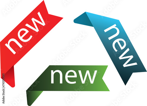 Colorful folded paper banners, origami-style labels, vibrant red green and blue ribbons, "new" text, product announcement design, clean graphic elements