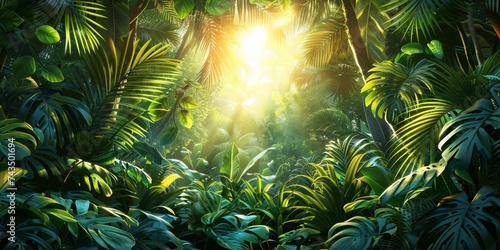 The Radiant Dawn Light Pierces Through the Dense Canopy of a Vibrant  Untouched Tropical Jungle  Generative AI