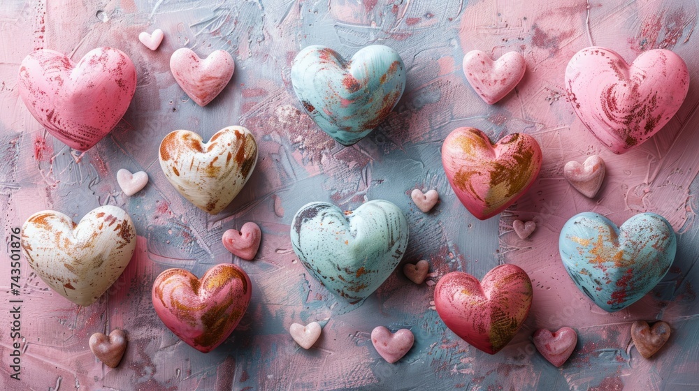An artistic display of textured hearts in shades of pink and blue, each with unique patterns, arranged on a painted canvas background.