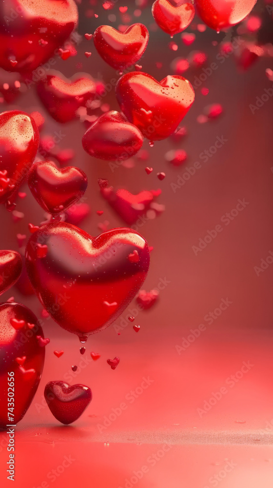 many red hearts on dark red wall background, women's day holiday, Valentine's Day, copy space