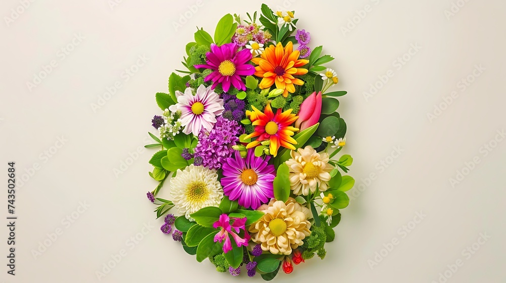 Easter egg shape made of colorful spring flowers and green leaves, Flat lay pattern