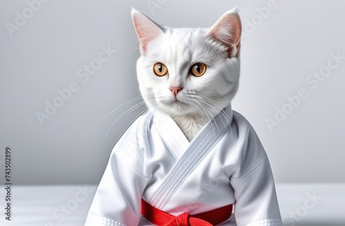Karate cat in a white kimono on a white background. Banner, copy space.  © Kseniya Ananko