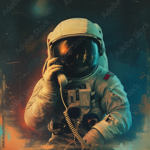 Illustration of an astonaut calling by vintage phone, call center concept photo