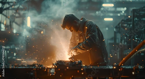 An industrial scene of steel welding in progress, a welder focused on joining metal components photo
