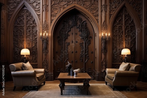 Solid Wood Door with Gothic Carvings: Contemporary Gothic Living Room Ideas