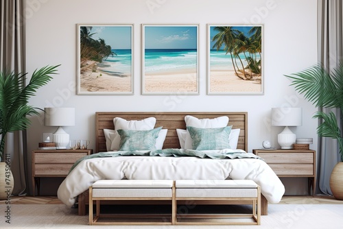 Serene Tropical Beaches Wall Art: Exotic Bedroom Interiors Poster