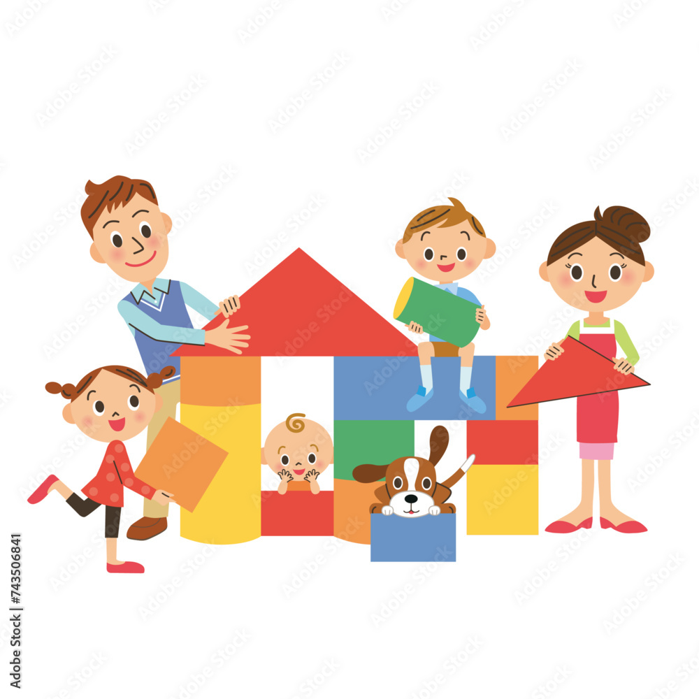 積み木の家を作る家族