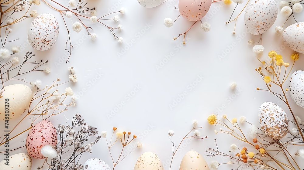Frame made with Easter eggs on white background, flat lay, Space for text