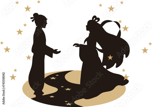 七夕　夏　織姫　彦星　牽牛　シルエット　人物　男性　女性　イラスト素材
