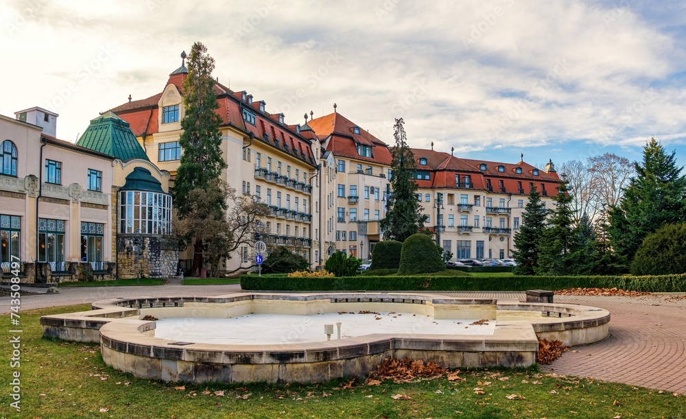 Naklejka premium Panorama Piestany the Spa Island. Thermal springs with healing water, treatment of the musculoskeletal system, health balneotherapy, peloid, heat therapy. Europe, Slovakia