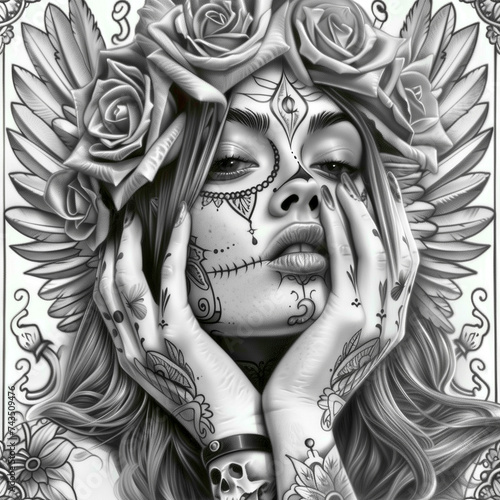 Template of design art for t-shirt. beautiful woman in chicano style. photo