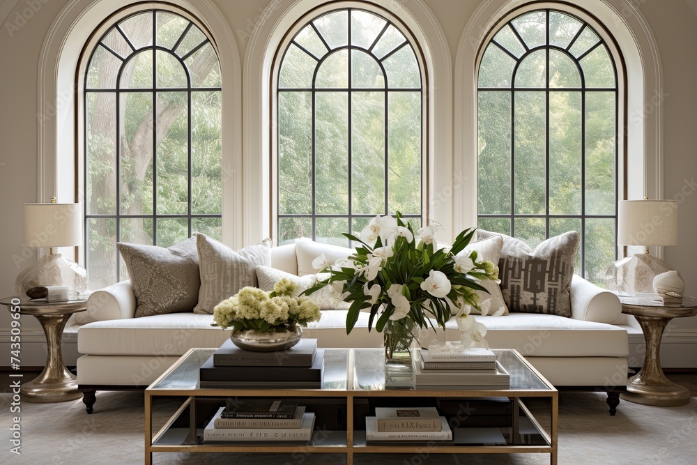 Fototapeta premium Arch Window Sofa: Modern Victorian Living Room with Hollywood Glam Inspirations