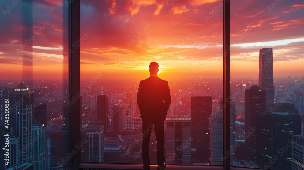 Back view of a businessman contemplating the city as the sun sets, painting the sky in warm hues. - obrazy, fototapety, plakaty 