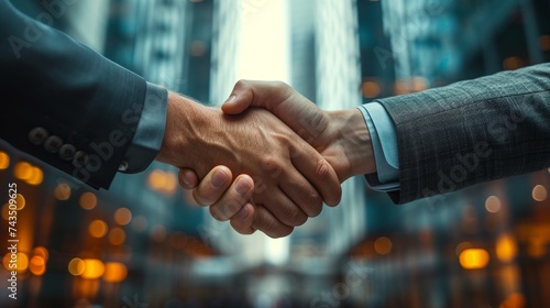 Close-up of a firm handshake between businessmen with blurred city background.