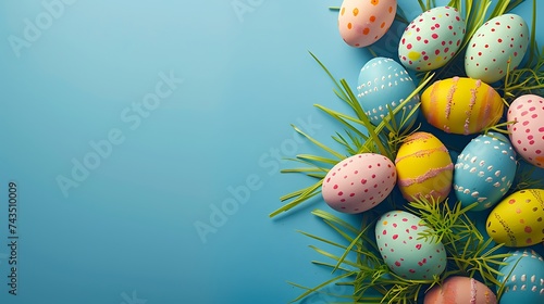 Top view of colorful easter eggs on grass isolated on blue