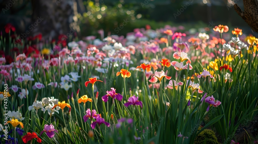 Beautiful blooming garden displaying a variety of colorful flowers in spring. perfect for nature backgrounds and floral themes. AI Beautiful blooming garden displaying a variety of colorful flowers in spring. perfect for nature backgrounds and floral themes. AI