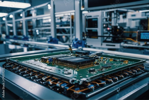 Electronic Boards, Chips, and Microscope Component Installation Automated Assembly Line Electronics Production Industry with High-Precision Robotics