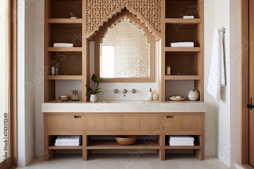 Moroccan Tile Bathroom Minimalist Inspirations: Contrasting Wooden Cabinet Elegance