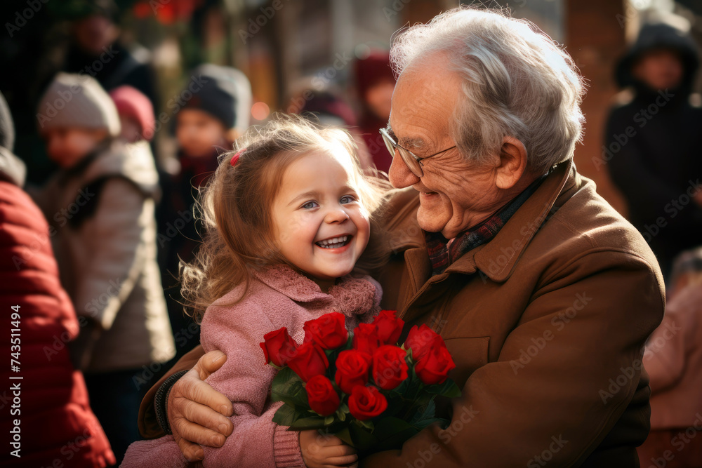 Tender hugs between granddaughter and grandfather on a busy street. The girl is holding flowers in her hands. Seniors' Day, Grandparents' Day Tender hugs between granddaughter and grandfather on a busy street. The girl is holding flowers in her hands. Seniors' Day, Grandparents' Day