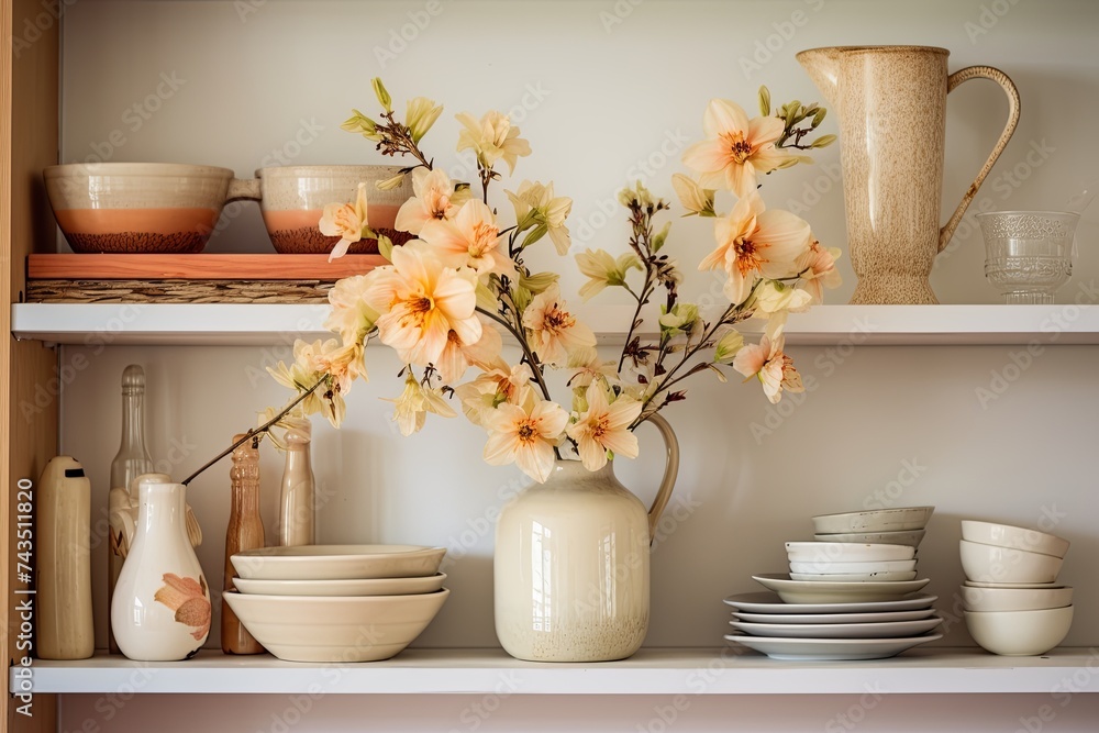 Clever Ways to Decorate Your Open Shelving Kitchen with Cozy Twig Vase Floral Arrangements