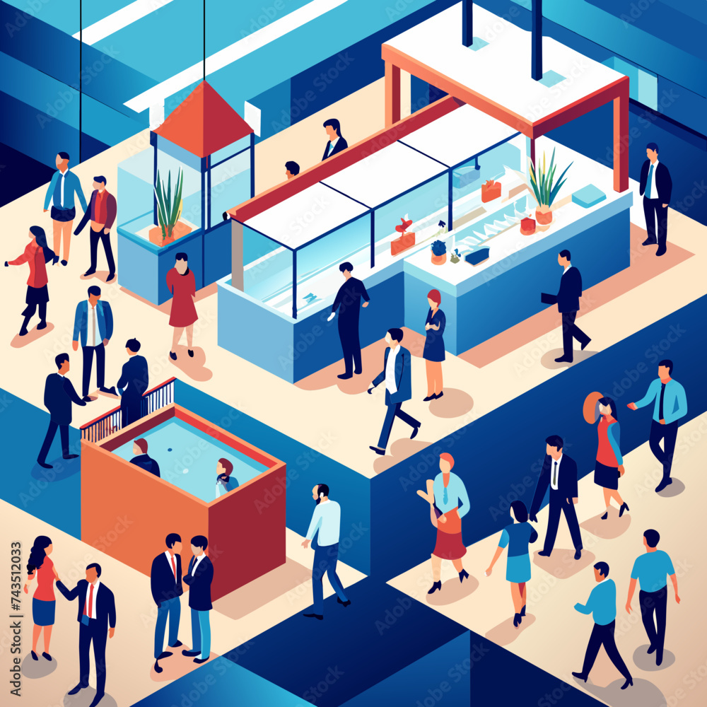 A vector illustration of a bustling trade show floor with exhibitors and attendees. vektor illustation