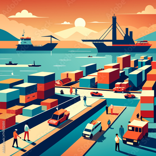 A vector illustration of a busy harbor with ships loading and unloading cargo. vektor illustation