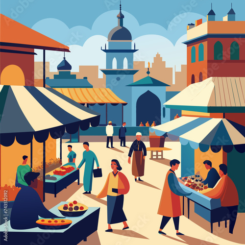 A vector illustration of a bustling marketplace with vendors selling goods. vektor illustation