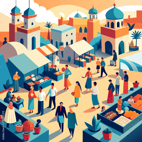 A vector illustration of a bustling marketplace with various vendors and shoppers. vektor illustation
