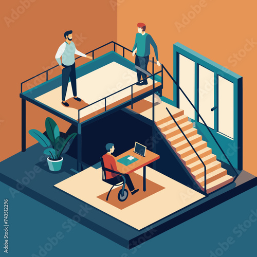 Workspace promoting physical accessibility with ramps and lifts. vektor illustation