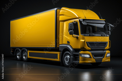 Yellow truck with a container on a black background.