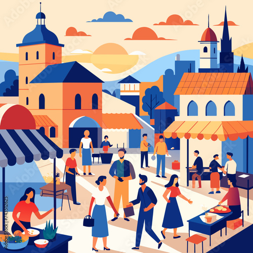 Whimsical scenes from a bustling marketplace with vendors and shoppers. vektor illustation