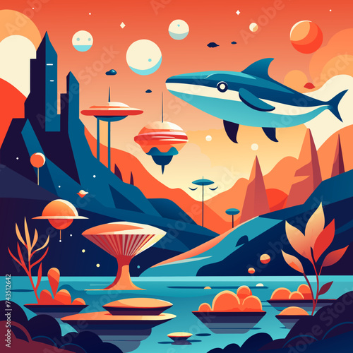 Surreal underwater scenes with fantastical sea creatures. vektor illustation