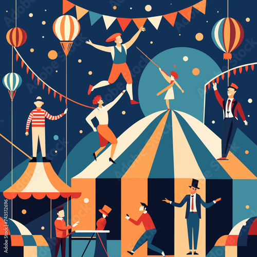 Whimsical scenes from a whimsical circus with acrobats and clowns. vektor illustation