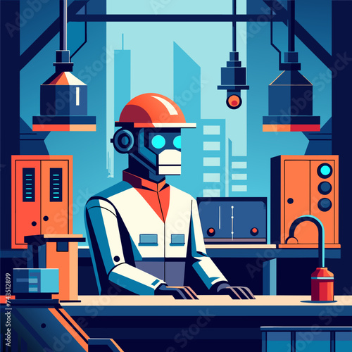 A futuristic vector graphic of a robot working in an automated factory. vektor illustation
