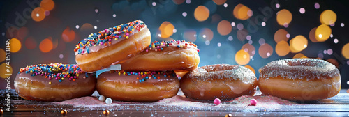 tasty donuts with glitter sprinkles with different colors and lights,banner design photo