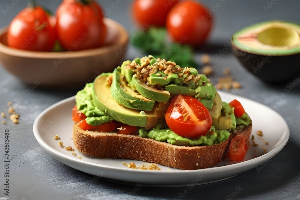 Closeup of healthy homemade avocado toasts with rye bread, crushed or grated avocado, tomato slices, cheese salt, black pepper, sesame seeds. Vegetarian food. Classic lunch. Vegan Day, November 1 Closeup of healthy homemade avocado toasts with rye bread, crushed or grated avocado, tomato slices, cheese salt, black pepper, sesame seeds. Vegetarian food. Classic lunch. Vegan Day, November 1