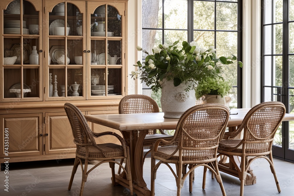 Fototapeta premium Rattan and Wicker Furniture - Elegant Farmhouse Dining Room Table Ideas