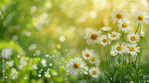 Daisy on green sunny spring meadow. Luminous blurred background with light bokeh and short depth of field