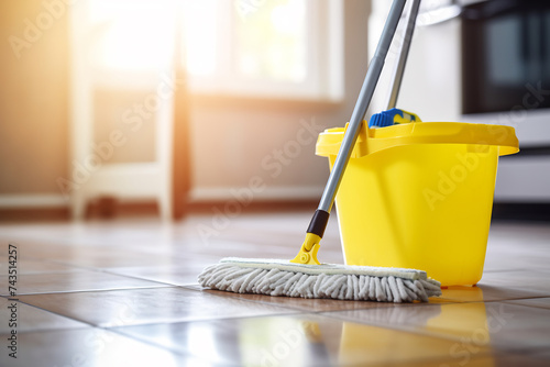 Domestic Cleaning in Progress with Mop and Yellow Bucket on Tiled Kitchen Floor. Household Chores Concept