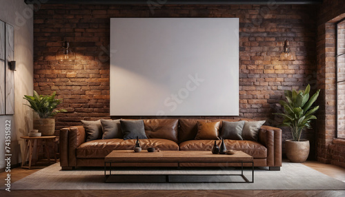 Living room interior  Wall mockup in Dark brown tone with leather sofa,   Empty white canvas with  frame © Bunpoht