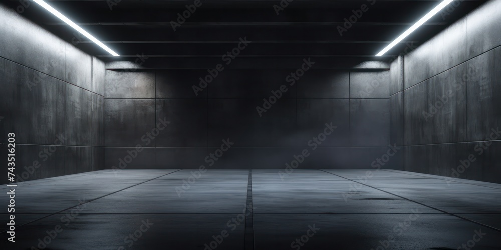 Black dark room corridor hall white neon light concrete